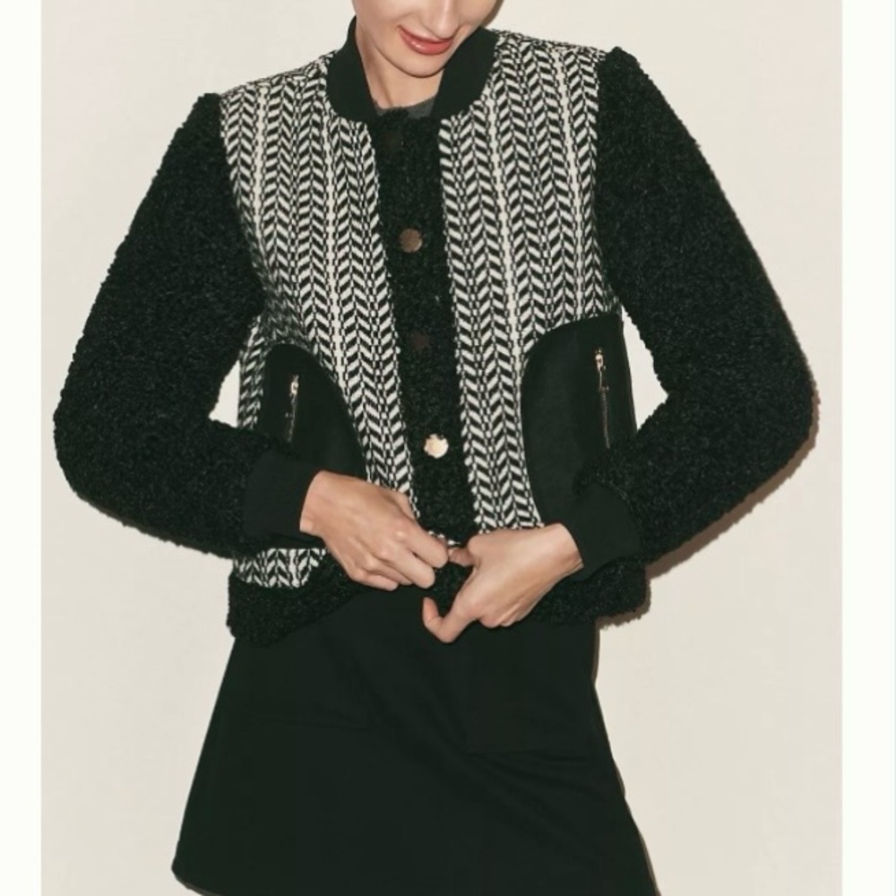 Avec Les Filles Tweed Sherpa Mix black and white jacket